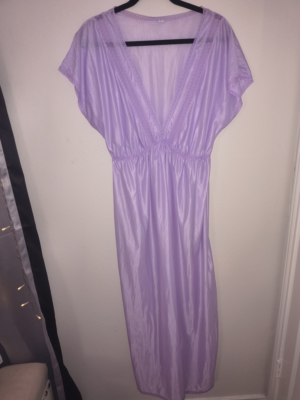 Vintage Lavender Nylon Nightgown Coquette Fairy Cottagecore Lace Maxi Gown M/L